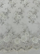 Floral Fabric - White - Sold By Yard Embroidered Roses With Sequins on a Mesh Lace Fabric