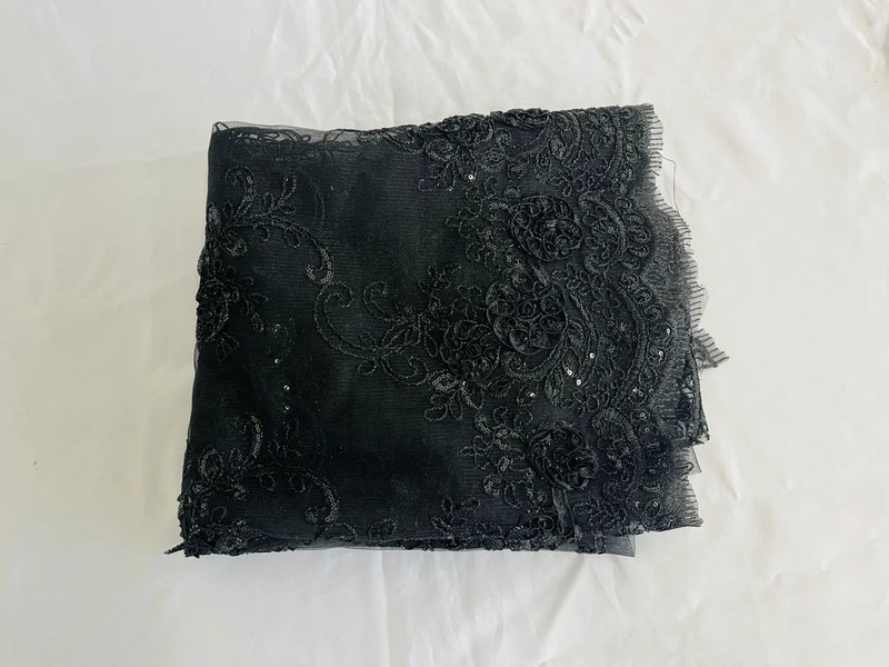 Floral Fabric - Black - Sold By Yard Embroidered Roses With Sequins on a Mesh Lace Fabric