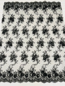 Floral Fabric - Black - Sold By Yard Embroidered Roses With Sequins on a Mesh Lace Fabric