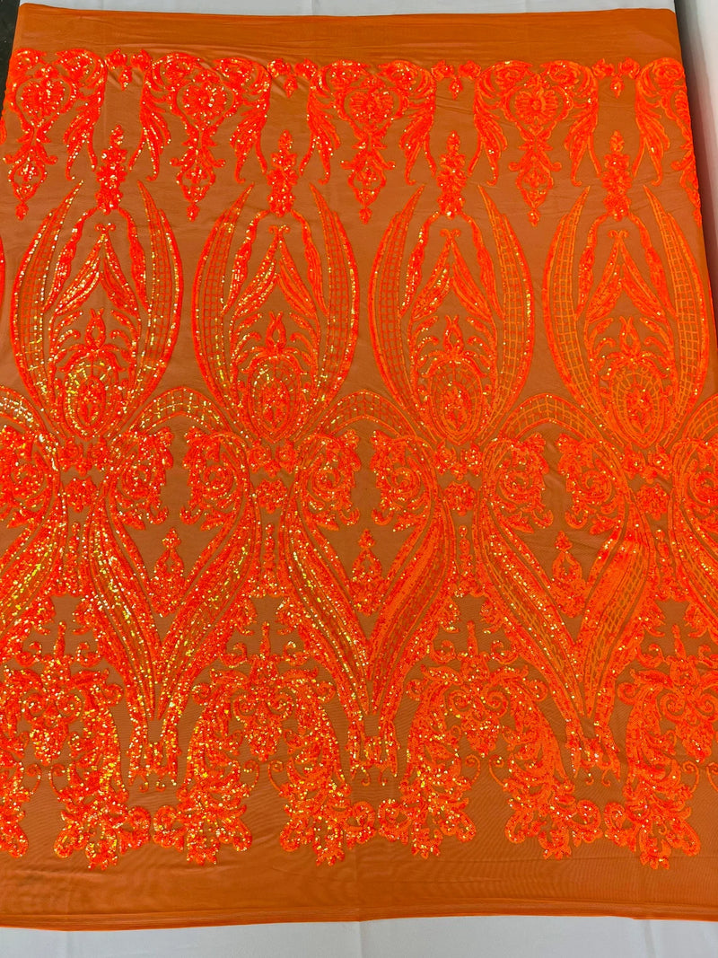 Orange Iridescent Sequins Fabric Sold By The Yard - Orange Spandex Mesh - 4 Way Stretch Sequin Fabric
