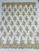 Floral Cluster Lace Fabric - Champagne - Embroidered Flowers With Sequins on a Mesh Lace Fabric Sold By Yard