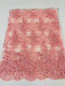 Floral Cluster Lace Fabric - Pink - Embroidered Flowers With Sequins on a Mesh Lace Fabric Sold By Yard