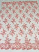 Floral Cluster Lace Fabric - Pink - Embroidered Flowers With Sequins on a Mesh Lace Fabric Sold By Yard