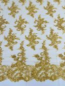 Floral Cluster Lace Fabric - Gold - Embroidered Flowers With Sequins on a Mesh Lace Fabric Sold By Yard