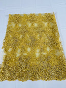 Floral Cluster Lace Fabric - Gold - Embroidered Flowers With Sequins on a Mesh Lace Fabric Sold By Yard