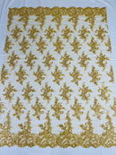 Floral Cluster Lace Fabric - Gold - Embroidered Flowers With Sequins on a Mesh Lace Fabric Sold By Yard