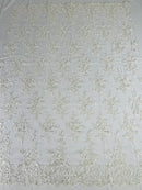 Floral Cluster Lace Fabric - Ivory - Embroidered Flowers With Sequins on a Mesh Lace Fabric Sold By Yard