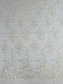 Floral Cluster Lace Fabric - Ivory - Embroidered Flowers With Sequins on a Mesh Lace Fabric Sold By Yard