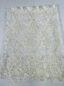 Floral Cluster Lace Fabric - Ivory - Embroidered Flowers With Sequins on a Mesh Lace Fabric Sold By Yard