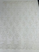 Floral Cluster Lace Fabric - White - Embroidered Flowers With Sequins on a Mesh Lace Fabric Sold By Yard