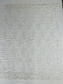 Floral Cluster Lace Fabric - White - Embroidered Flowers With Sequins on a Mesh Lace Fabric Sold By Yard