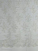 Floral Cluster Lace Fabric - White - Embroidered Flowers With Sequins on a Mesh Lace Fabric Sold By Yard
