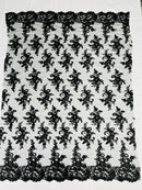 Floral Cluster Lace Fabric - Black - Embroidered Flowers With Sequins on a Mesh Lace Fabric Sold By Yard