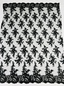 Floral Cluster Lace Fabric - Black - Embroidered Flowers With Sequins on a Mesh Lace Fabric Sold By Yard
