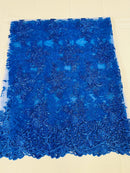 Floral Cluster Lace Fabric - Royal Blue - Embroidered Flowers With Sequins on a Mesh Lace Fabric Sold By Yard