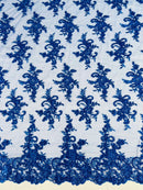 Floral Cluster Lace Fabric - Royal Blue - Embroidered Flowers With Sequins on a Mesh Lace Fabric Sold By Yard