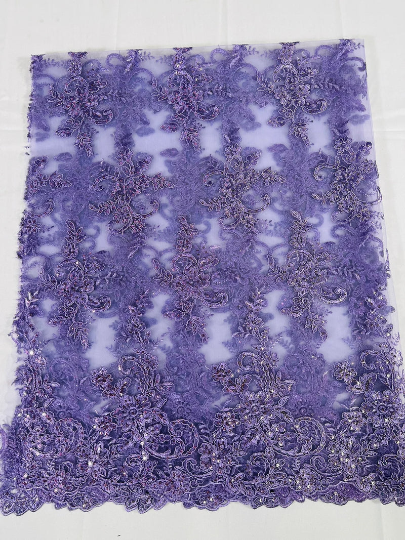 Floral Cluster Lace Fabric - Lilac - Embroidered Flowers With Sequins on a Mesh Lace Fabric Sold By Yard
