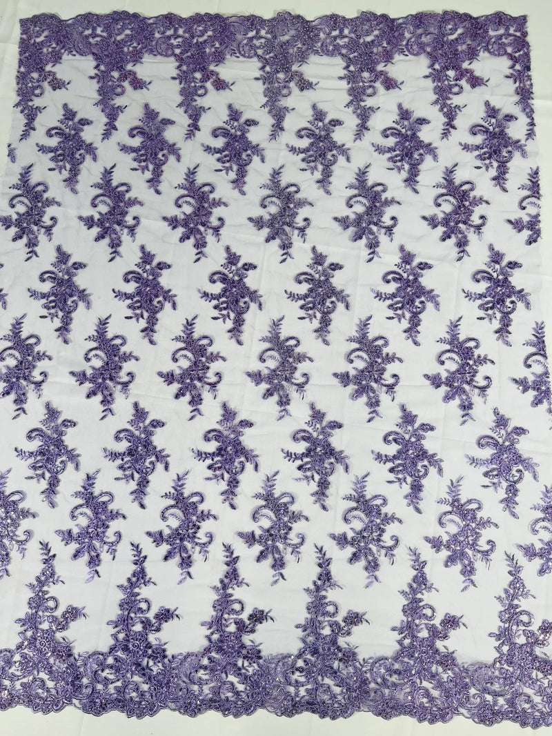 Floral Cluster Lace Fabric - Lilac - Embroidered Flowers With Sequins on a Mesh Lace Fabric Sold By Yard