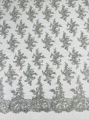 Floral Cluster Lace Fabric - Silver - Embroidered Flowers With Sequins on a Mesh Lace Fabric Sold By Yard