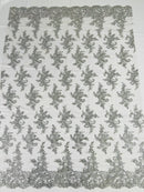 Floral Cluster Lace Fabric - Silver - Embroidered Flowers With Sequins on a Mesh Lace Fabric Sold By Yard