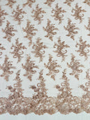 Floral Cluster Lace Fabric - Blush - Embroidered Flowers With Sequins on a Mesh Lace Fabric Sold By Yard