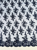 Floral Cluster Lace Fabric - Navy Blue - Embroidered Flowers With Sequins on a Mesh Lace Fabric Sold By Yard