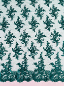 Floral Cluster Lace Fabric - Hunter Green - Embroidered Flowers With Sequins on a Mesh Lace Fabric Sold By Yard
