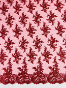 Floral Cluster Lace Fabric - Burgundy - Embroidered Flowers With Sequins on a Mesh Lace Fabric Sold By Yard