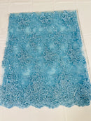 Floral Cluster Lace Fabric - Baby Blue - Embroidered Flowers With Sequins on a Mesh Lace Fabric Sold By Yard