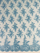 Floral Cluster Lace Fabric - Baby Blue - Embroidered Flowers With Sequins on a Mesh Lace Fabric Sold By Yard