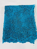 Floral Cluster Lace Fabric - Turquoise - Embroidered Flowers With Sequins on a Mesh Lace Fabric Sold By Yard