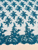 Floral Cluster Lace Fabric - Turquoise - Embroidered Flowers With Sequins on a Mesh Lace Fabric Sold By Yard