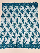 Floral Cluster Lace Fabric - Turquoise - Embroidered Flowers With Sequins on a Mesh Lace Fabric Sold By Yard