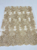 Floral Cluster Lace Fabric - Champagne - Embroidered Flowers With Sequins on a Mesh Lace Fabric Sold By Yard