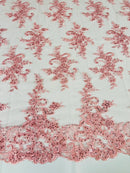 Floral Cluster Lace Fabric - Pink - Embroidered Flowers With Sequins on a Mesh Lace Fabric Sold By Yard