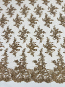 Floral Cluster Lace Fabric - Coffee - Embroidered Flowers With Sequins on a Mesh Lace Fabric Sold By Yard