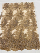 Floral Cluster Lace Fabric - Coffee - Embroidered Flowers With Sequins on a Mesh Lace Fabric Sold By Yard