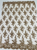 Floral Cluster Lace Fabric - Coffee - Embroidered Flowers With Sequins on a Mesh Lace Fabric Sold By Yard