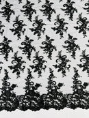 Floral Cluster Lace Fabric - Black - Embroidered Flowers With Sequins on a Mesh Lace Fabric Sold By Yard
