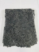 Floral Cluster Lace Fabric - Black - Embroidered Flowers With Sequins on a Mesh Lace Fabric Sold By Yard
