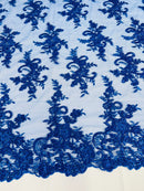 Floral Cluster Lace Fabric - Royal Blue - Embroidered Flowers With Sequins on a Mesh Lace Fabric Sold By Yard