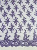 Floral Cluster Lace Fabric - Lilac - Embroidered Flowers With Sequins on a Mesh Lace Fabric Sold By Yard