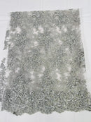 Floral Cluster Lace Fabric - Silver - Embroidered Flowers With Sequins on a Mesh Lace Fabric Sold By Yard