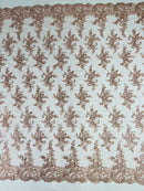 Floral Cluster Lace Fabric - Blush - Embroidered Flowers With Sequins on a Mesh Lace Fabric Sold By Yard