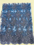 Floral Cluster Lace Fabric - Navy Blue - Embroidered Flowers With Sequins on a Mesh Lace Fabric Sold By Yard