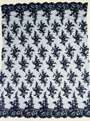 Floral Cluster Lace Fabric - Navy Blue - Embroidered Flowers With Sequins on a Mesh Lace Fabric Sold By Yard