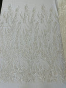 Beaded Wavy Plant Lines Fabric - Off-White - Embroidered Wedding Bridal Fabric Sold By The Yard