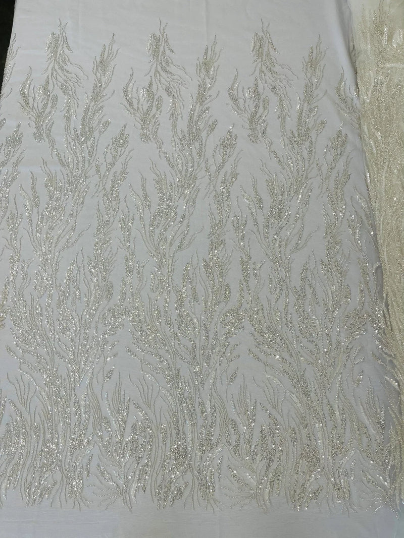 Beaded Wavy Plant Lines Fabric - Off-White - Embroidered Wedding Bridal Fabric Sold By The Yard