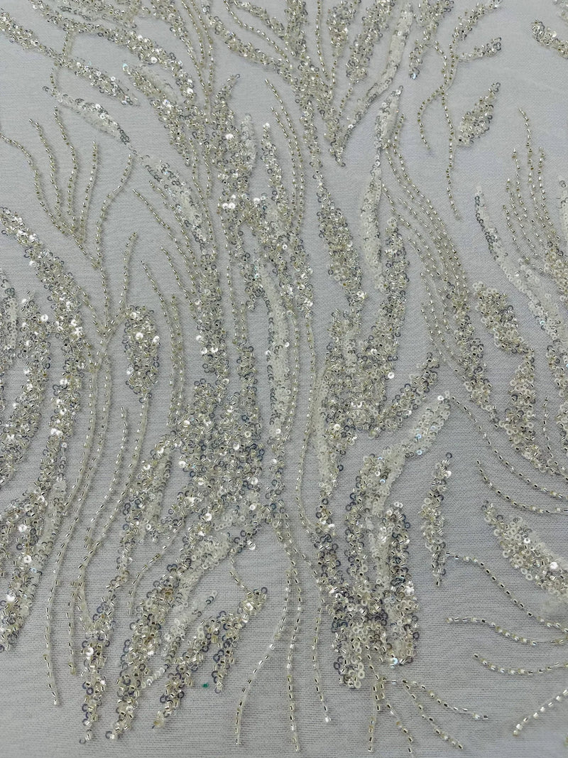 Beaded Wavy Plant Lines Fabric - Off-White - Embroidered Wedding Bridal Fabric Sold By The Yard