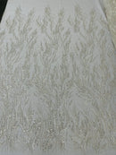 Beaded Wavy Plant Lines Fabric - Off-White - Embroidered Wedding Bridal Fabric Sold By The Yard